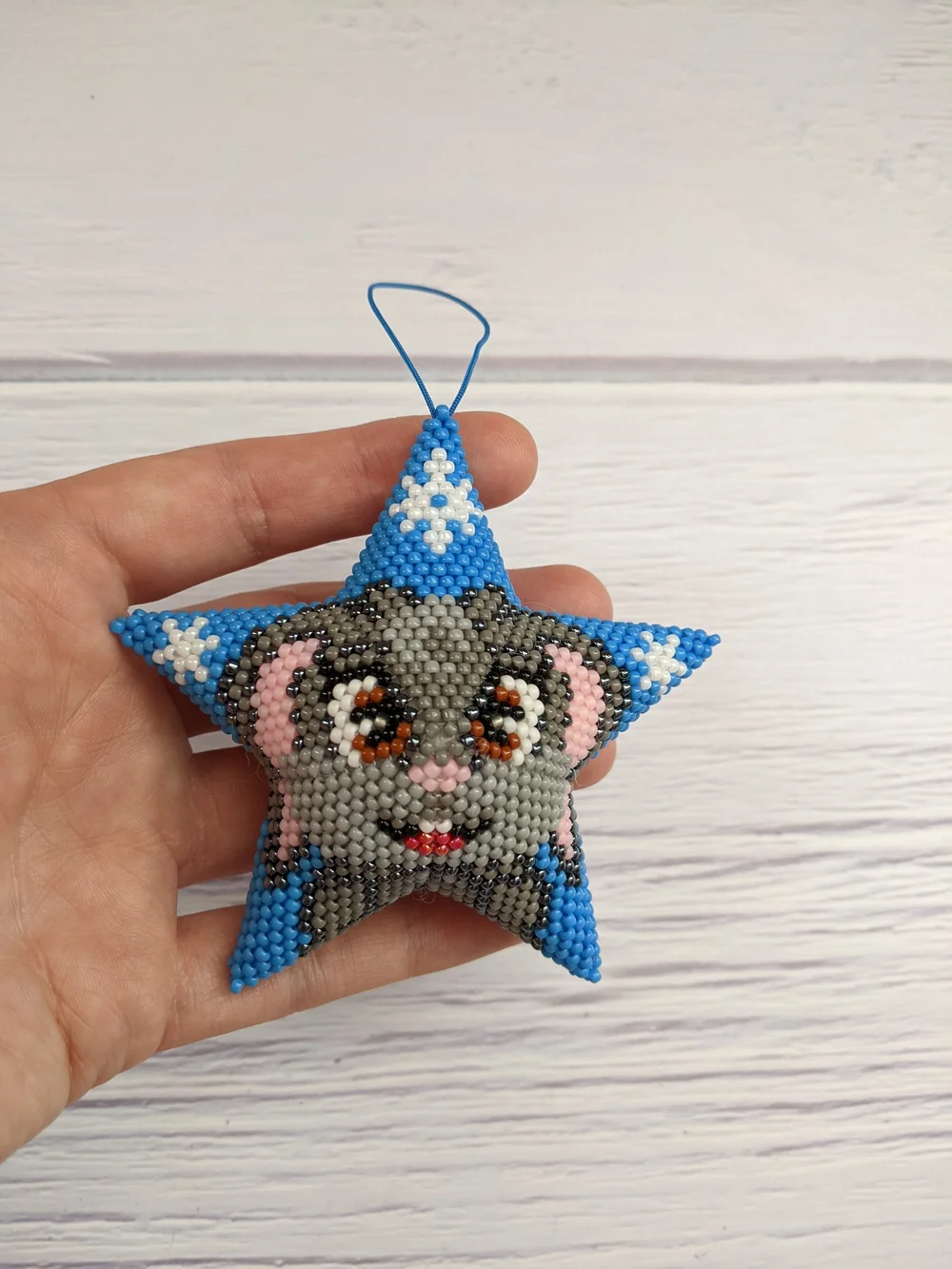Beaded Star Bunny Ornament in Blue and Gray